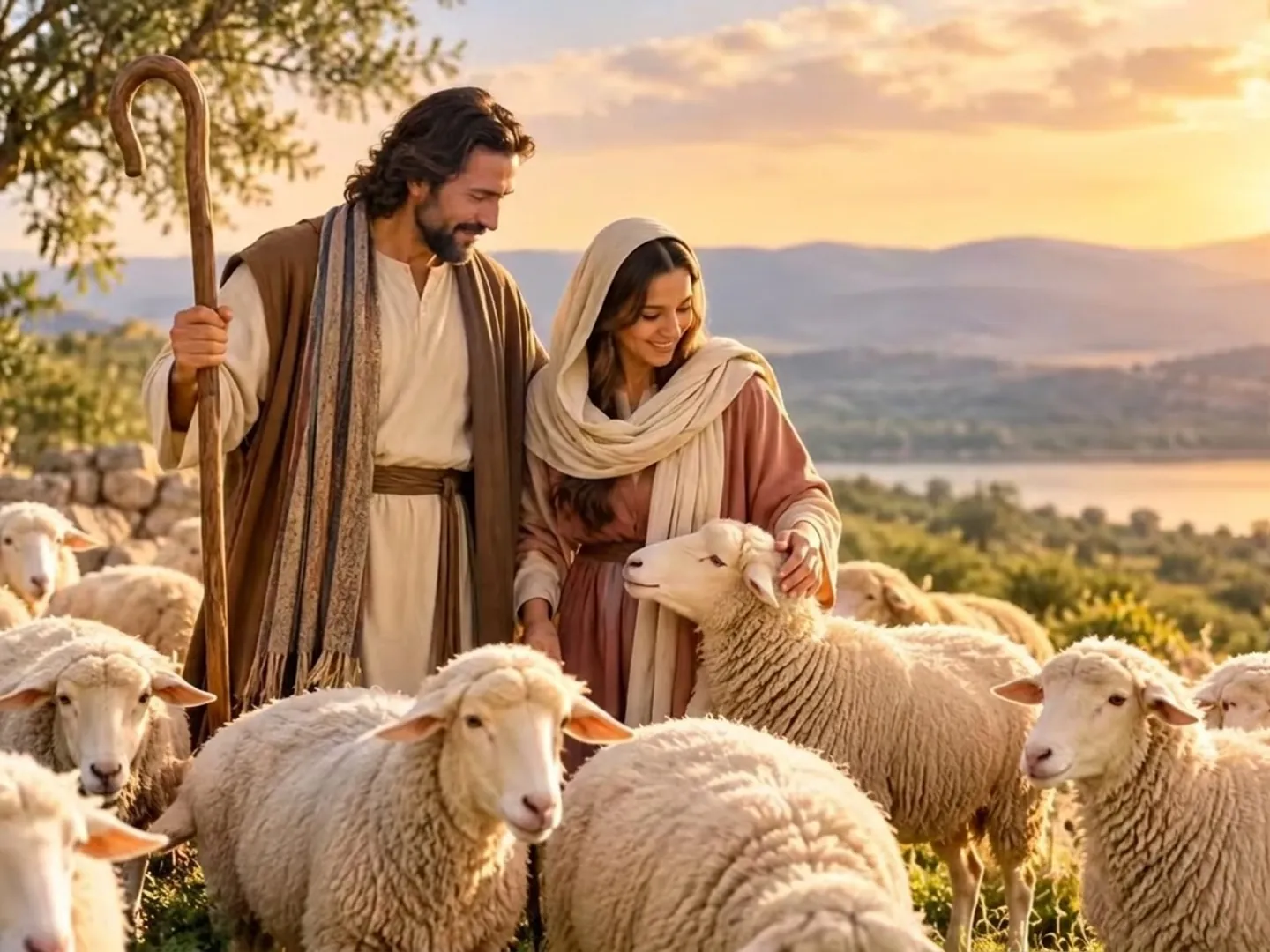 Ilustración de un pastor con su cayado y una pastora que acaricia una oveja, entre el rebaño, al atardecer sobre las colinas.